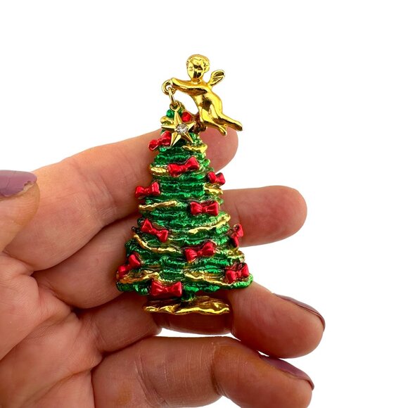 Green Christmas Tree Brooch Red Bows Angel Topped Rhinestone Star - Picture 4 of 6